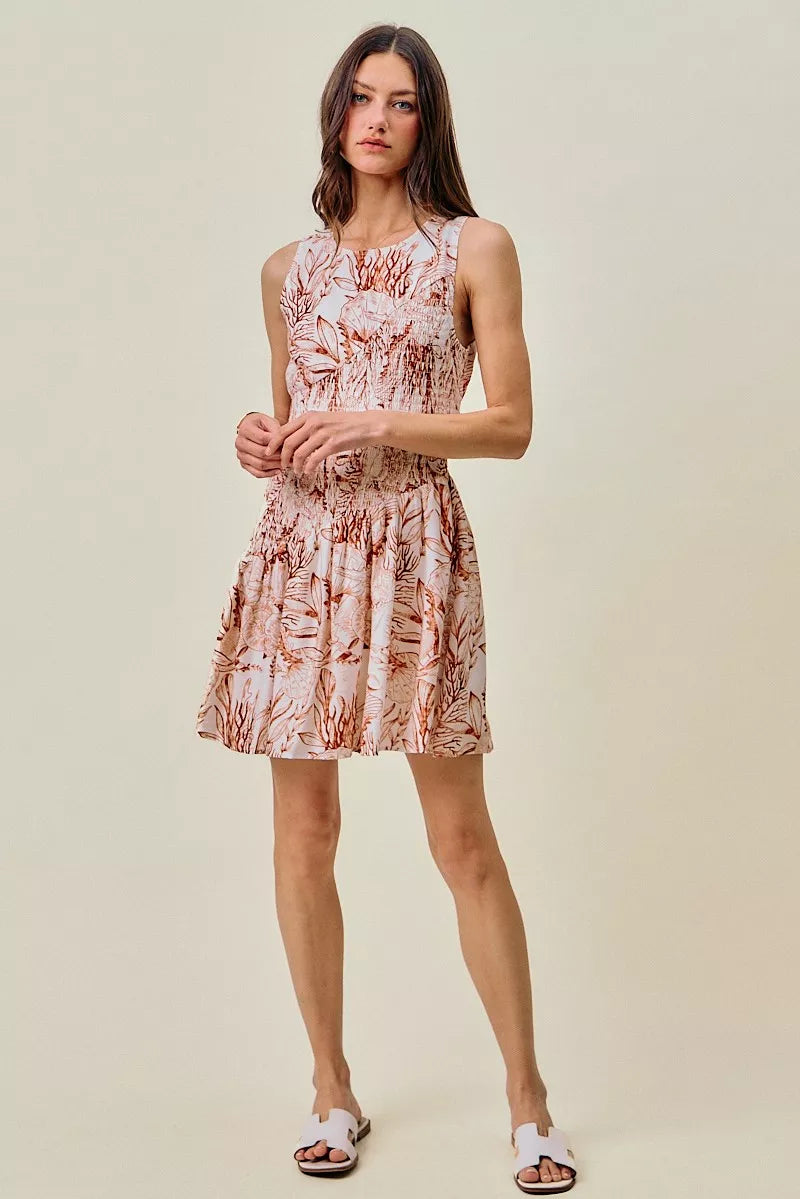 So Me Shell Print Smocked Mini Dress in Taupe
