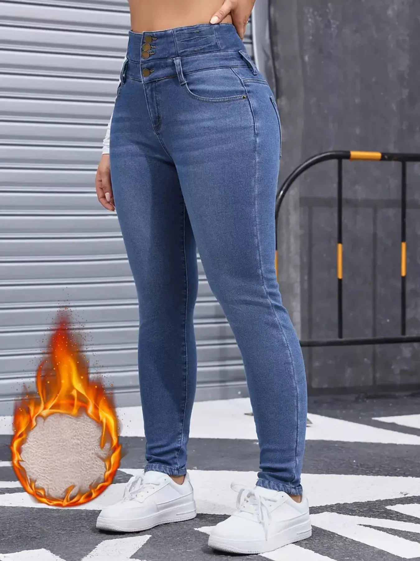 High-Waisted Slim Fit Fleece-Lined Jeans in Blue