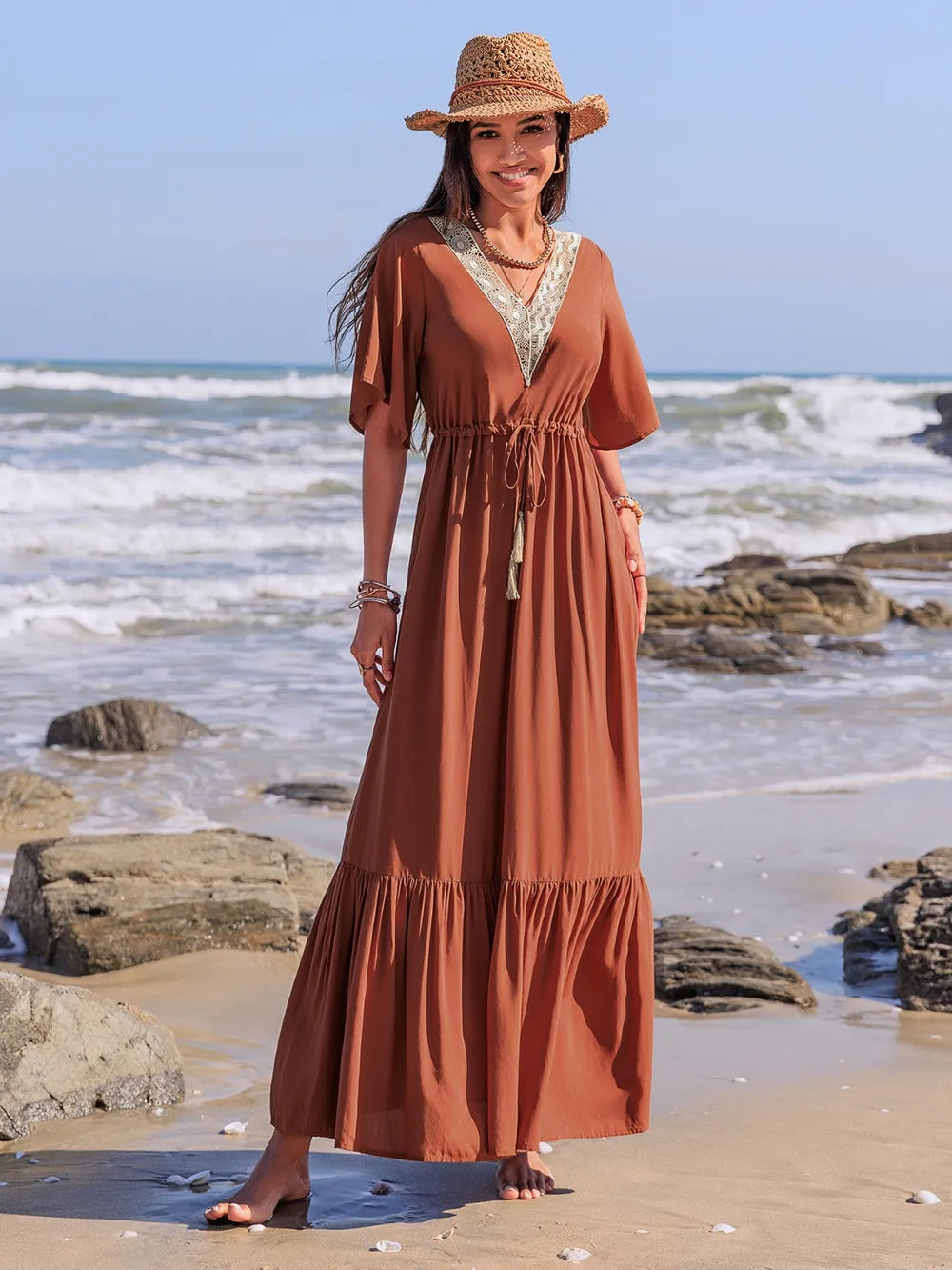 Ruffled Tassel Flutter Sleeve Dress in Terracotta