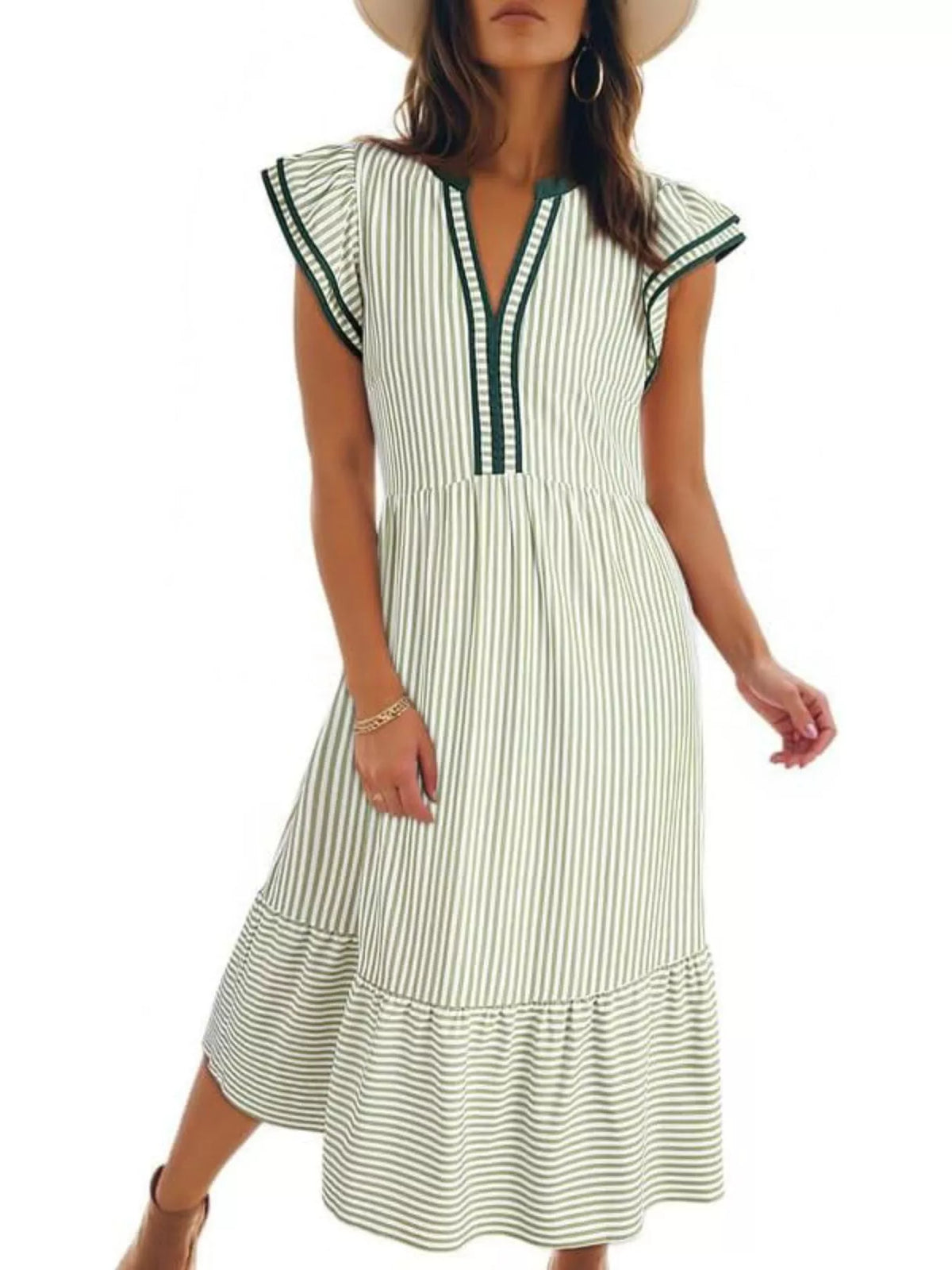 Striped Ruffle Sleeve Midi Dress with Pockets