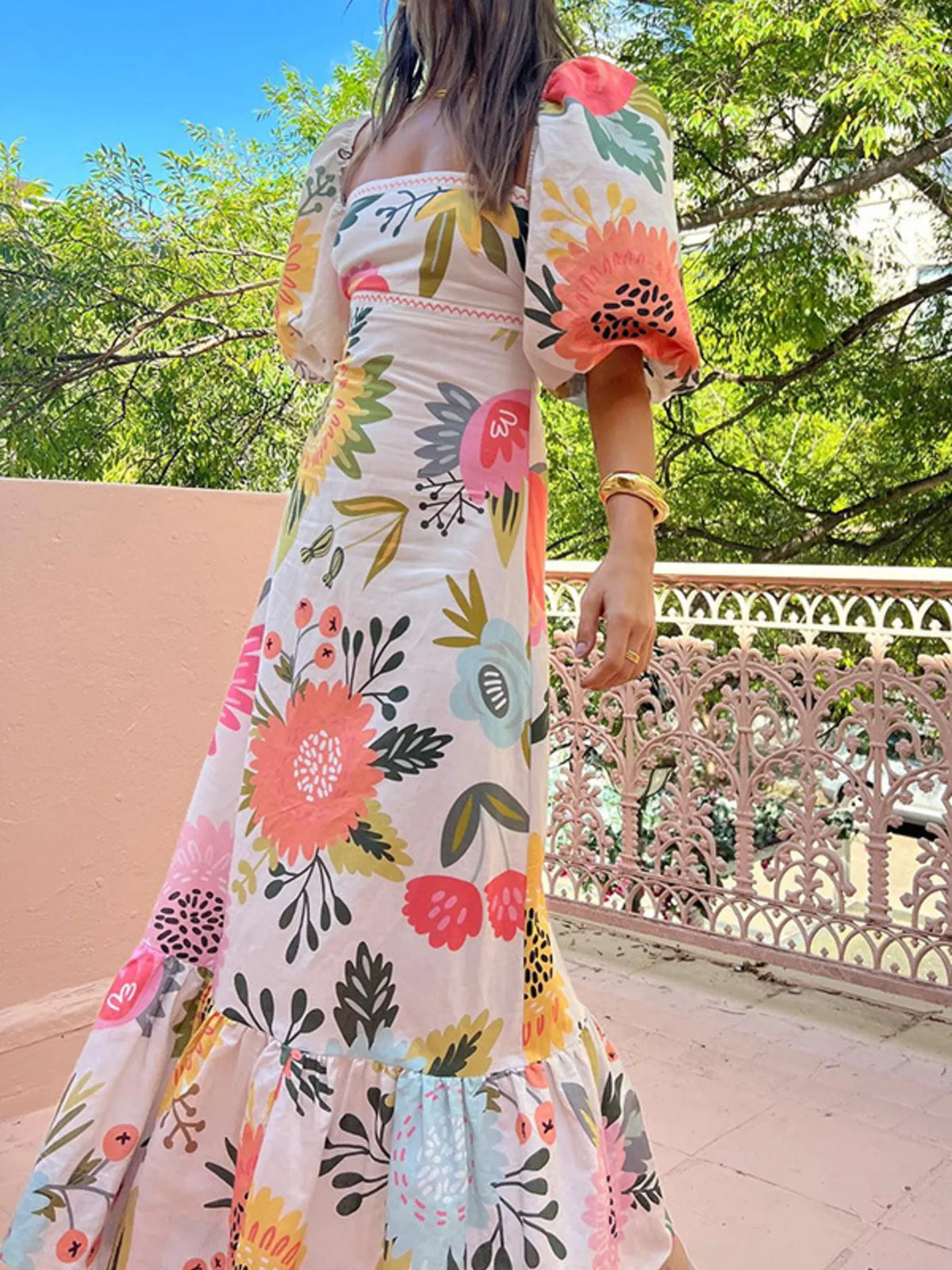 Floral Square-Neck Puff-Sleeve Maxi Dress in Blue