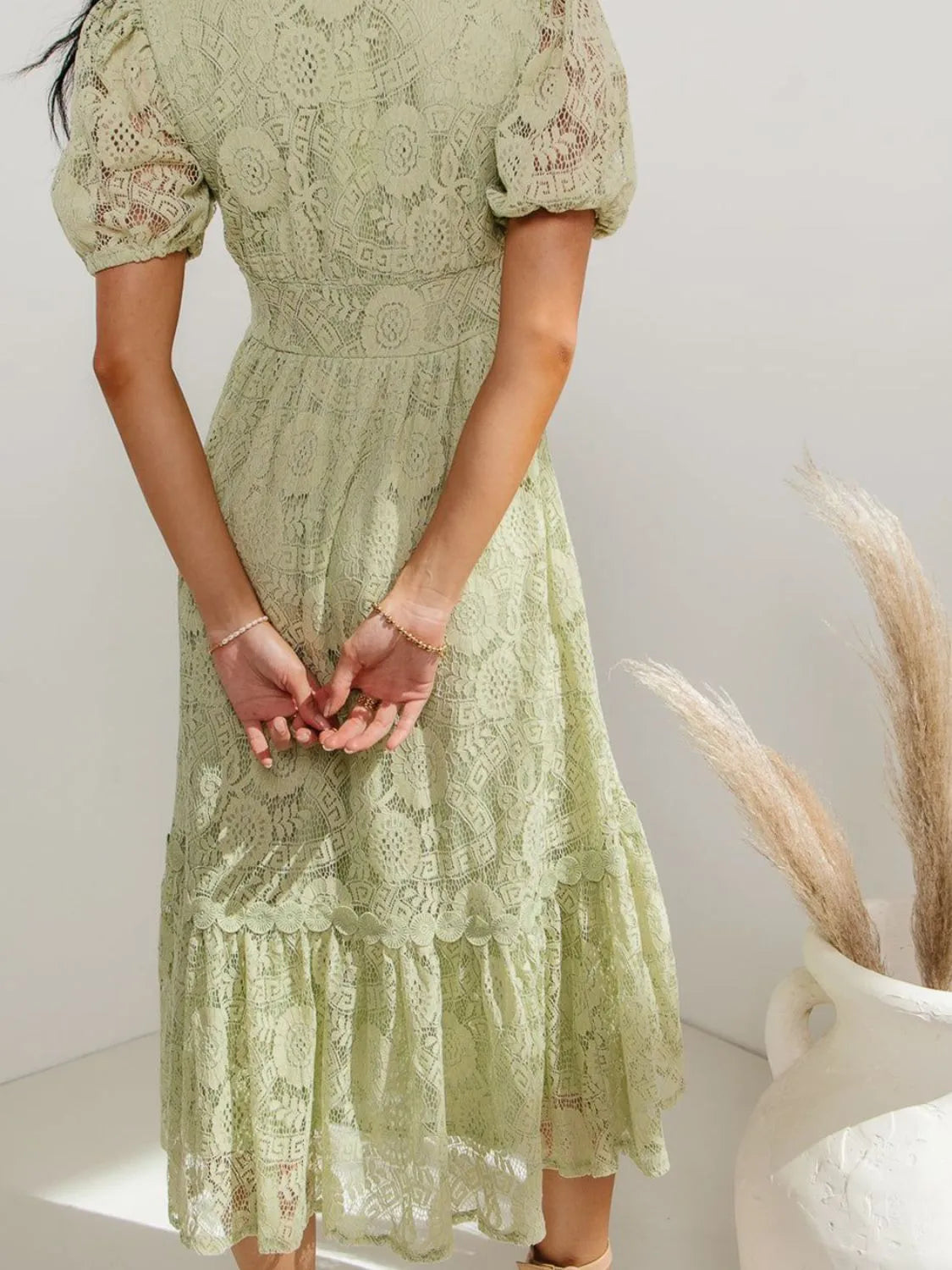 Lace V-Neck Short Sleeve Dress in Dusty Pink