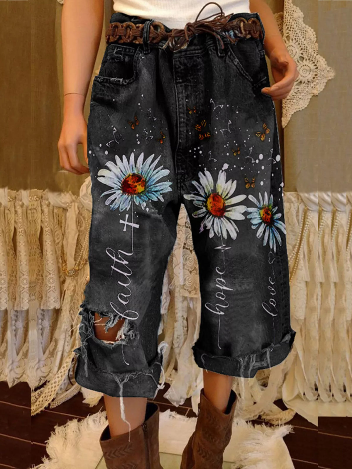 Floral Distressed Cropped Jeans