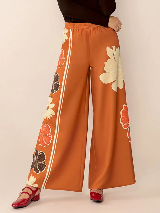 Printed Elastic Waist Wide Leg Pants in Tangerine