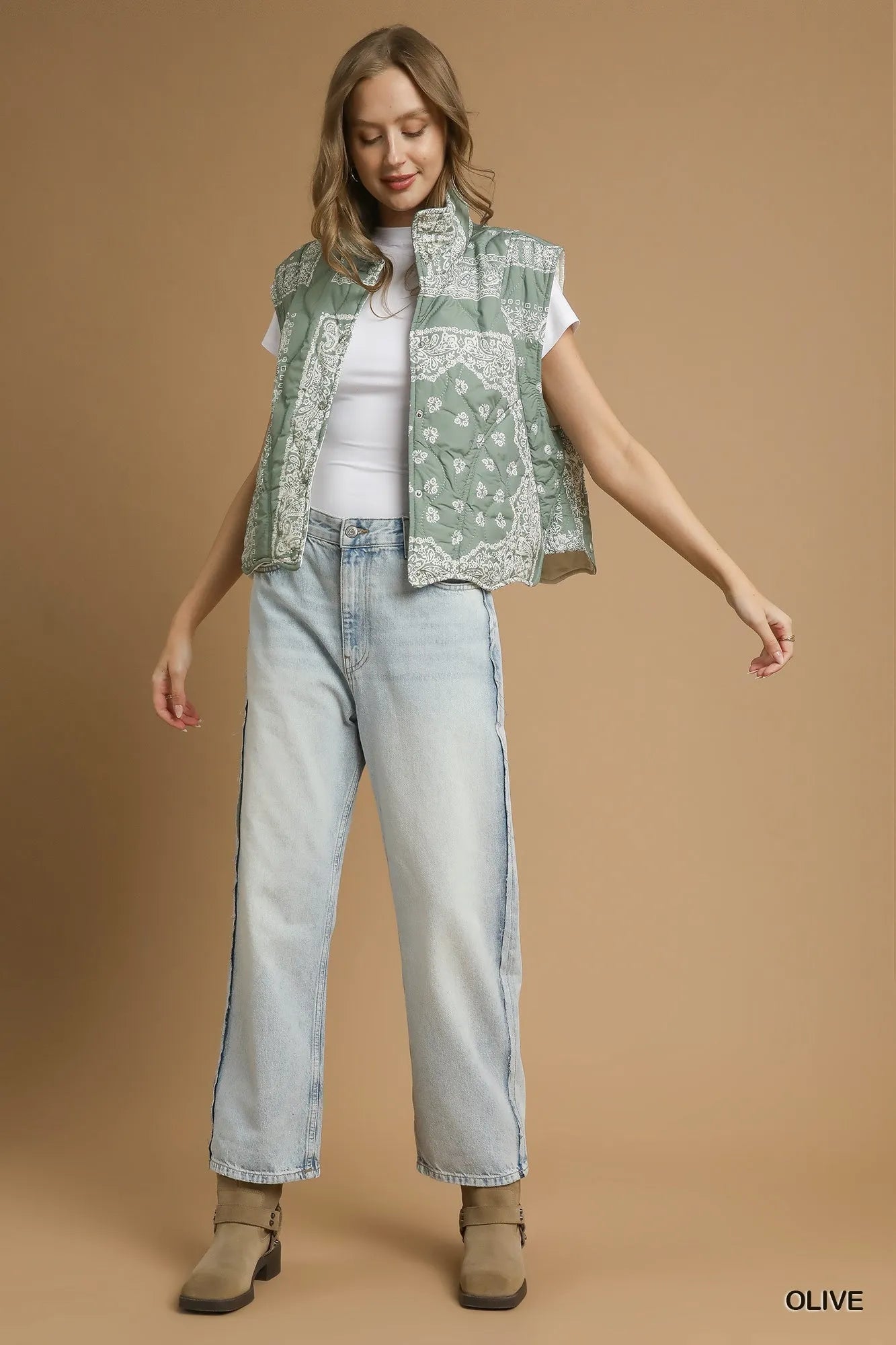 Umgee Bandana Print Puffer Vest in Olive