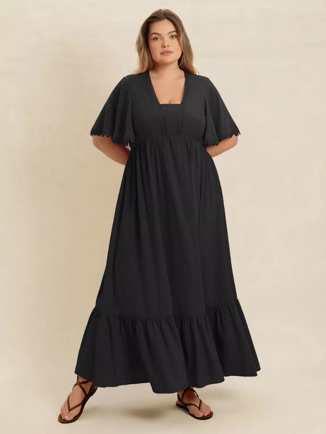 Ruffled Maxi Dress with Flutter Sleeves in Black