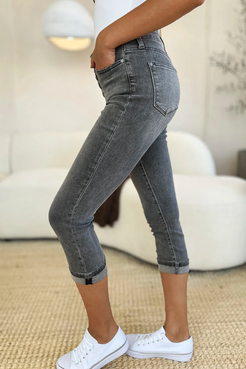 Judy Blue Button Fly High Waist Cuffed Capris in Gray