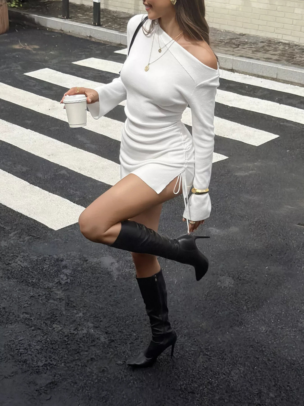 Side Drawstring Ruched Bodycon Dress in White