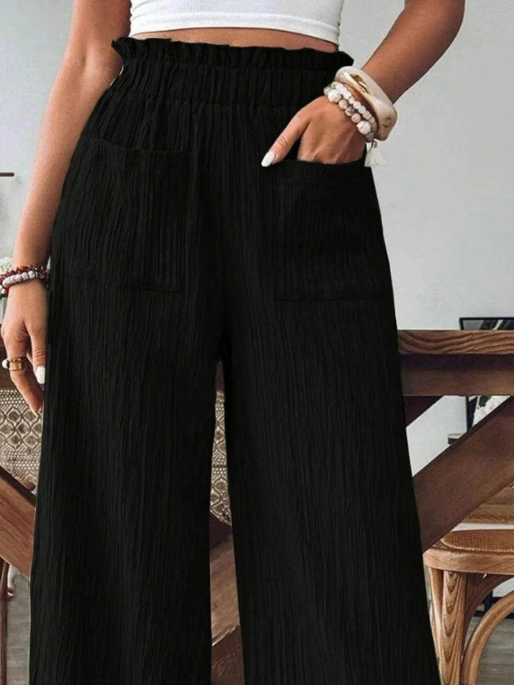 Elastic Waist Wide Leg Pants with Pockets