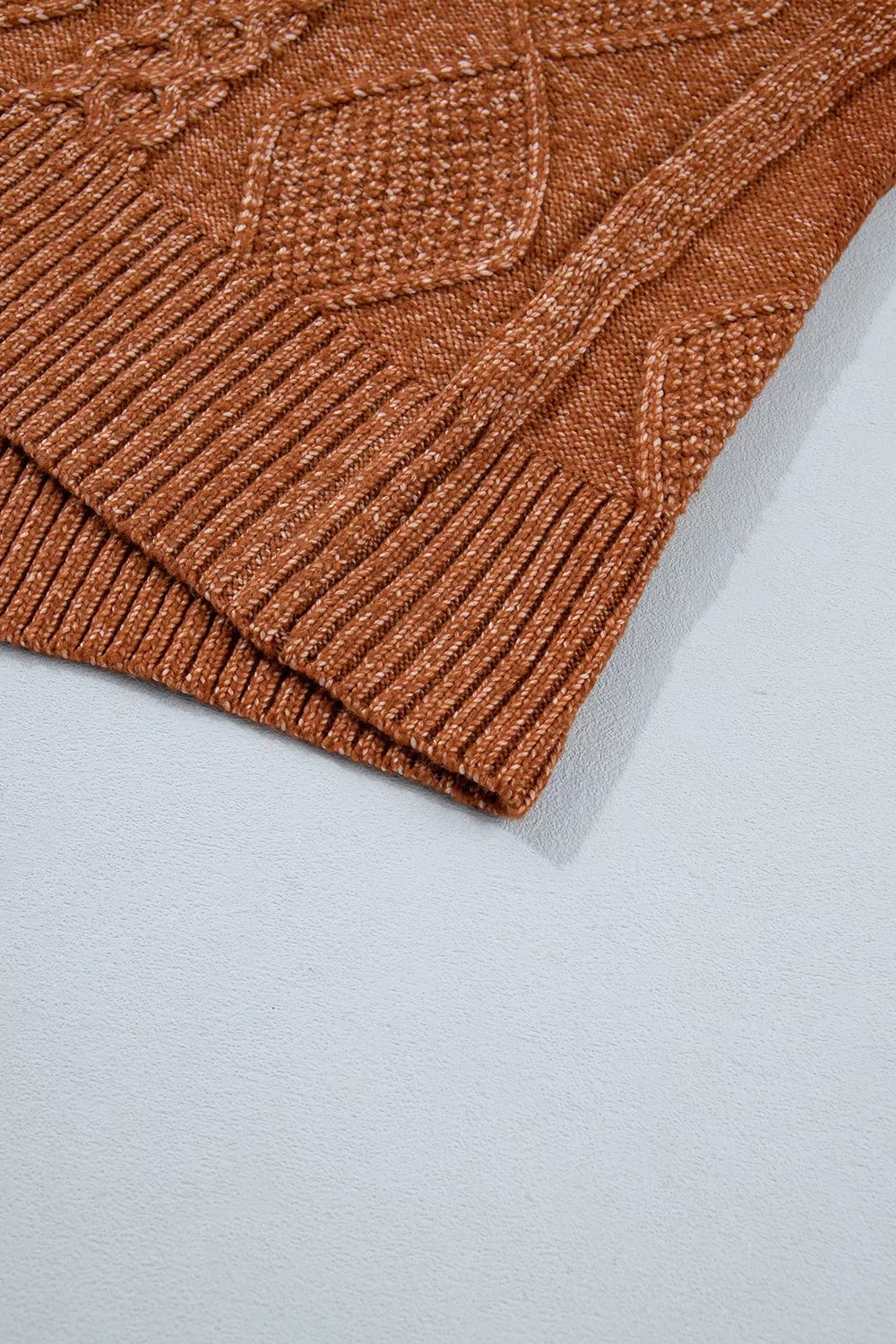 Zip-Up Cable Knit Drop Shoulder Sweater Dress in Caramel