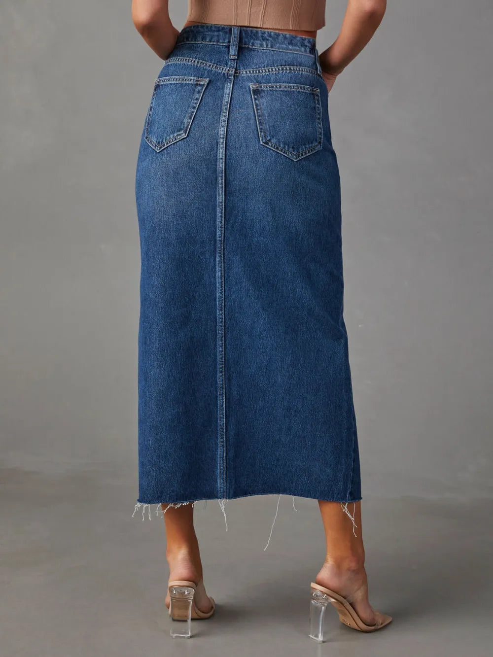 Slit Raw Hem Midi Denim Skirt by X@Y@K
