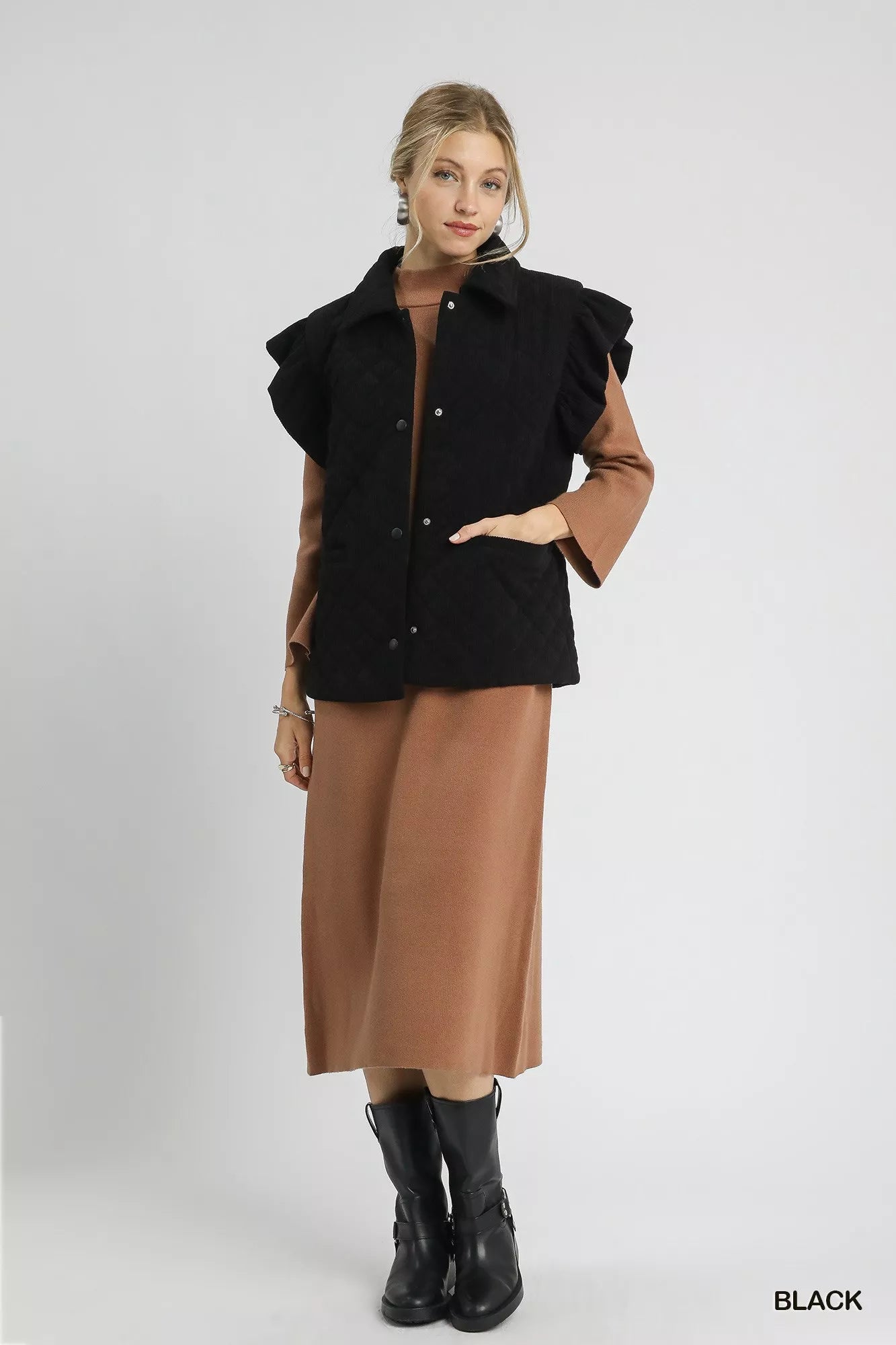Umgee Corduroy Ruffle Sleeve Vest in Black