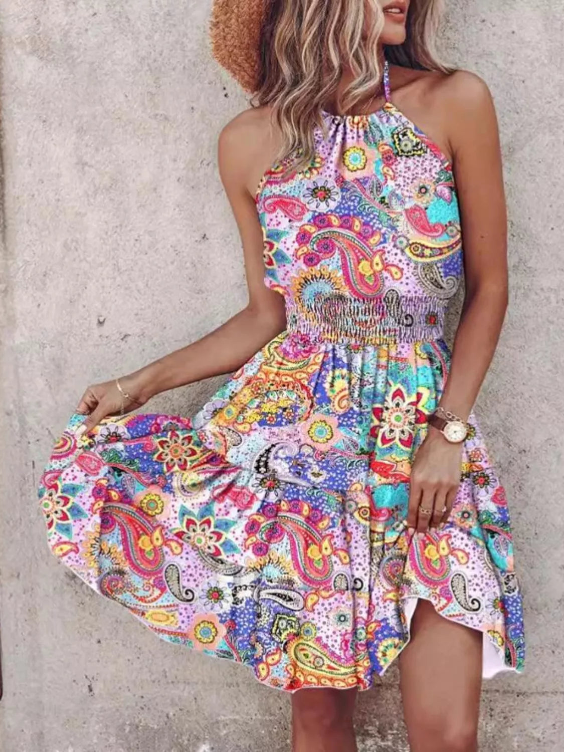 Smocked Halter Mini Dress in Pink Purple