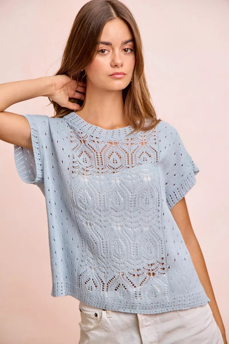Washed Ice Blue Eyelet Knit Top by BiBi