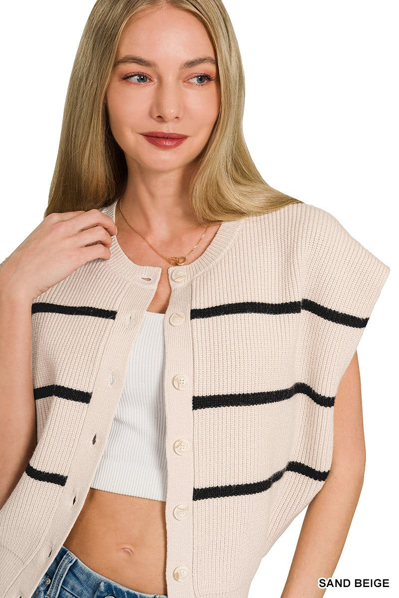 Zenana Striped Button-Down Sweater Vest in Sand Beige
