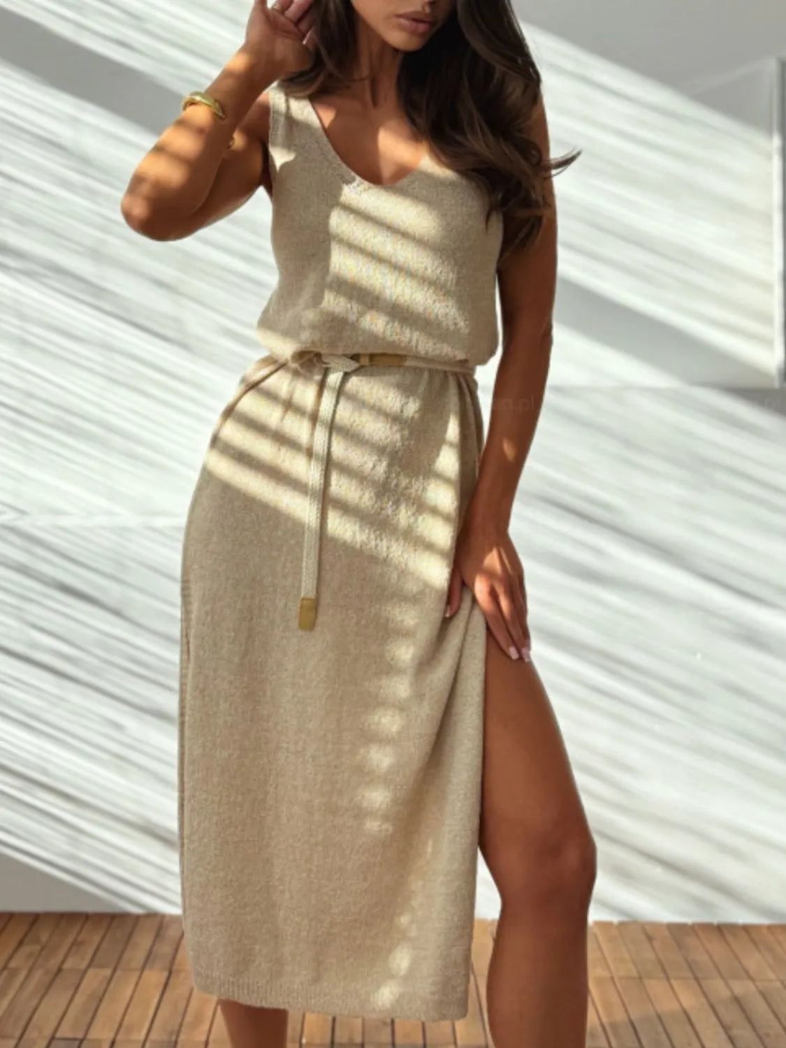 Slit V-Neck Sleeveless Sweater Dress in Khaki