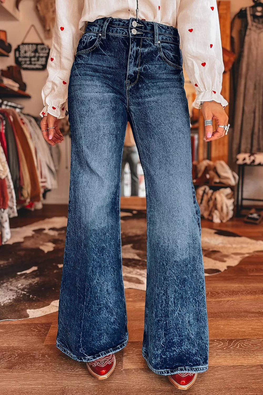 Acid Wash Flare Jeans in Navy