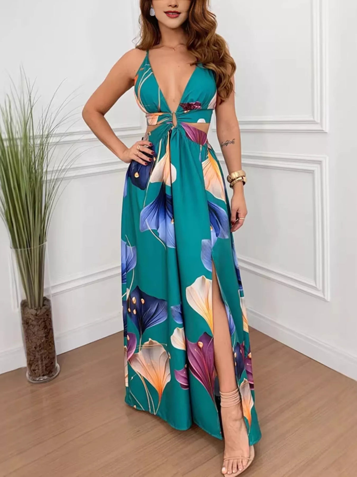 Tropical Print Plunge Cutout Maxi Dress