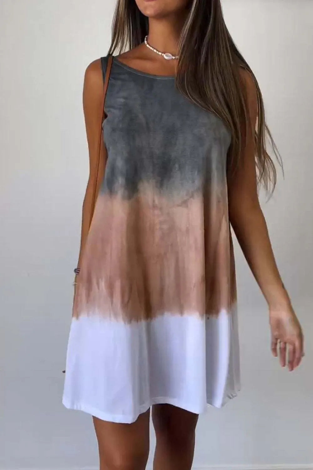 Tie-Dye Sleeveless Mini Tank Dress in Camel