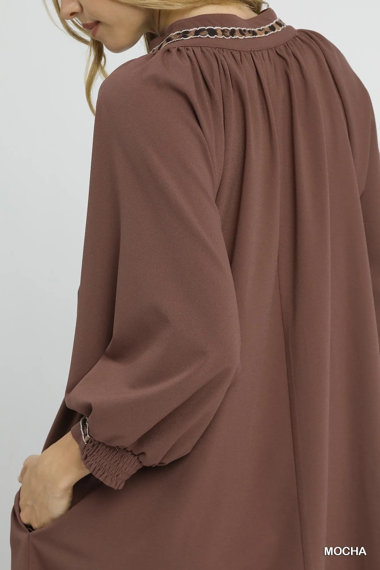 Umgee Notched Shift Dress with Trim Detail in Mocha