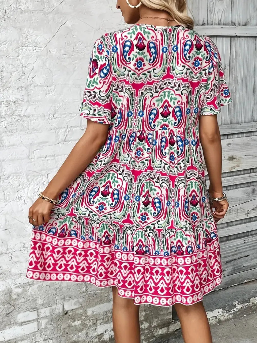 Printed Tie-Neck Short Sleeve Dress