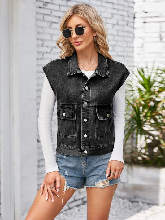Cap Sleeve Denim Jacket with Pockets by Manny