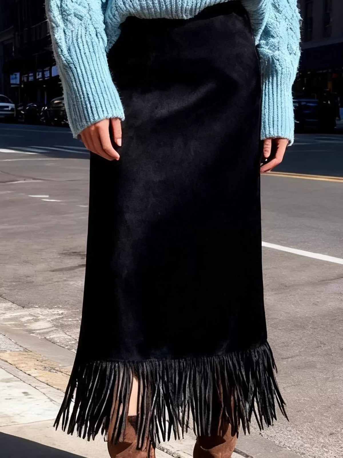 High-Waisted Fringe Midi Skirt