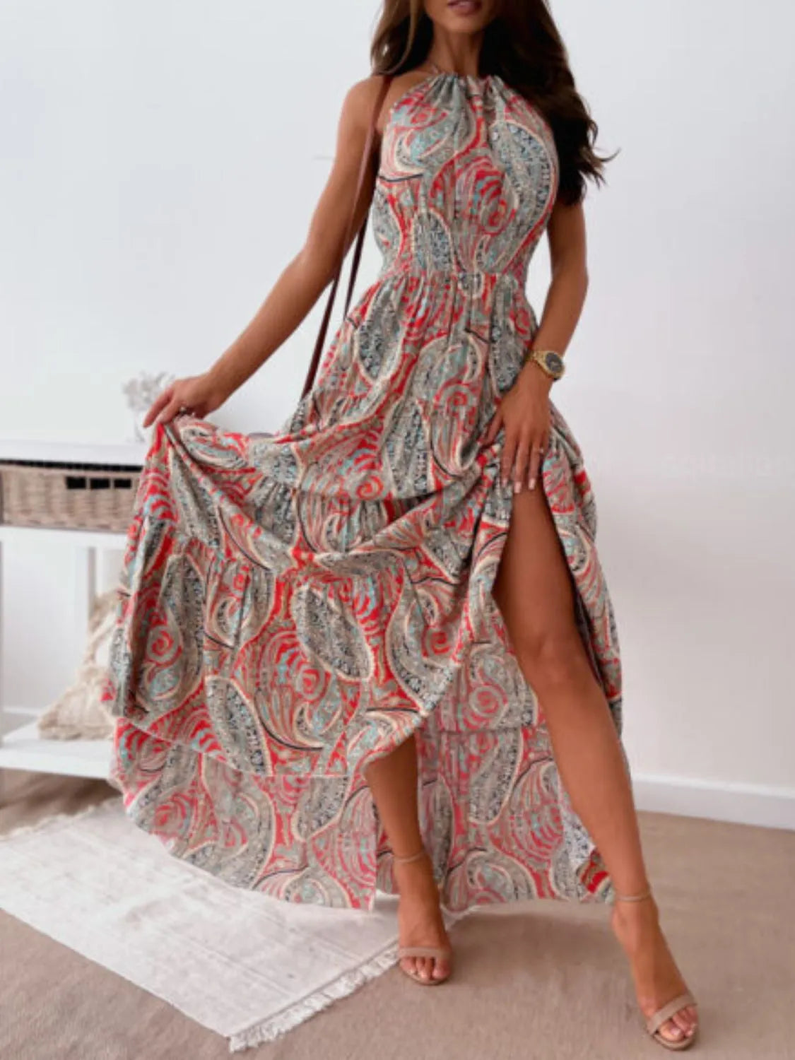 Halter Neck Tiered Maxi Dress in Red Flower