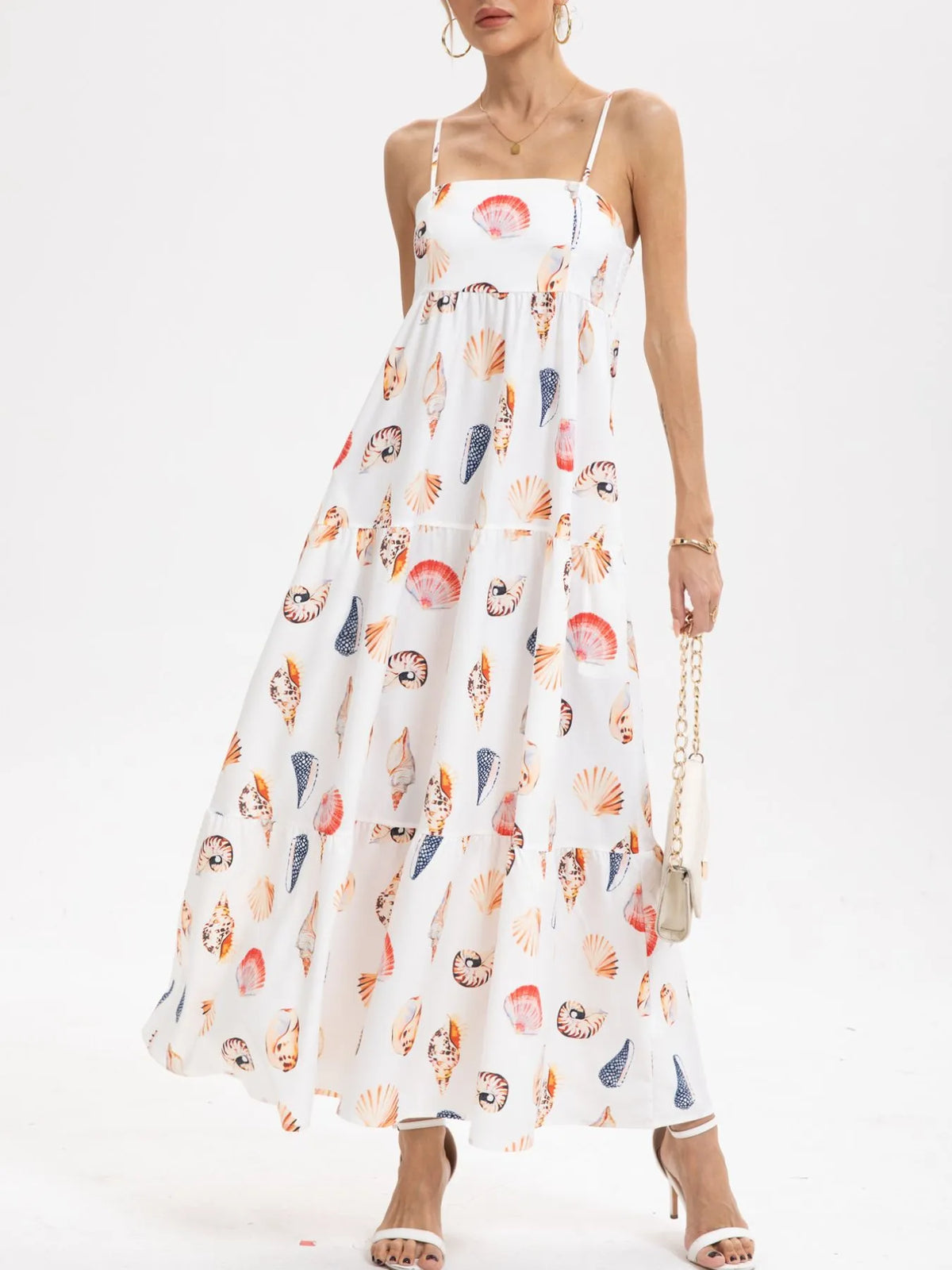 Printed Square Neck Cami Maxi Dress in White