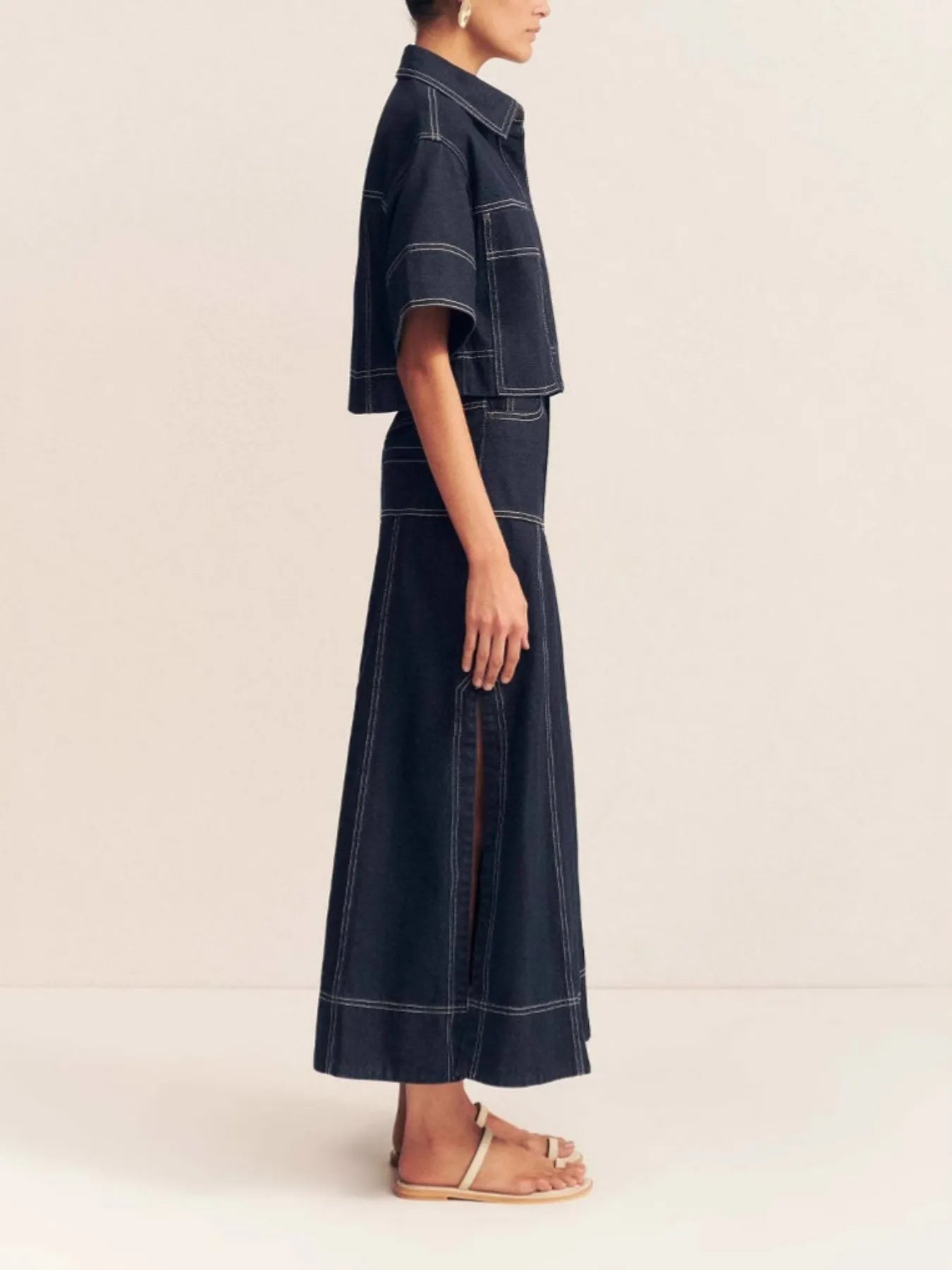High-Waist Slit Denim Maxi Skirt in Dark Wash