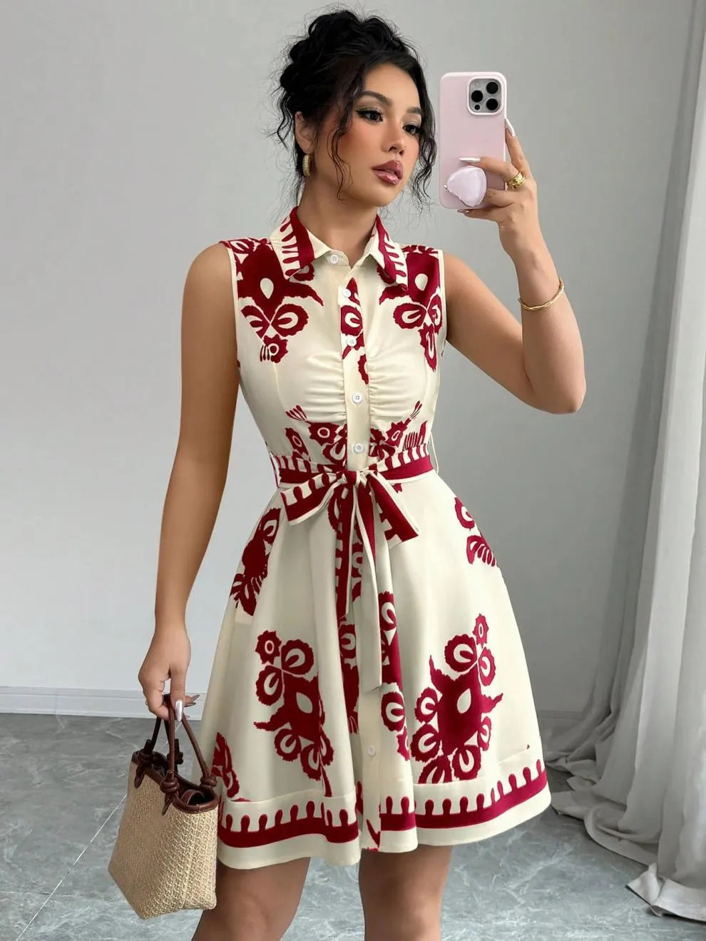 Printed Button-Front Sleeveless Dress