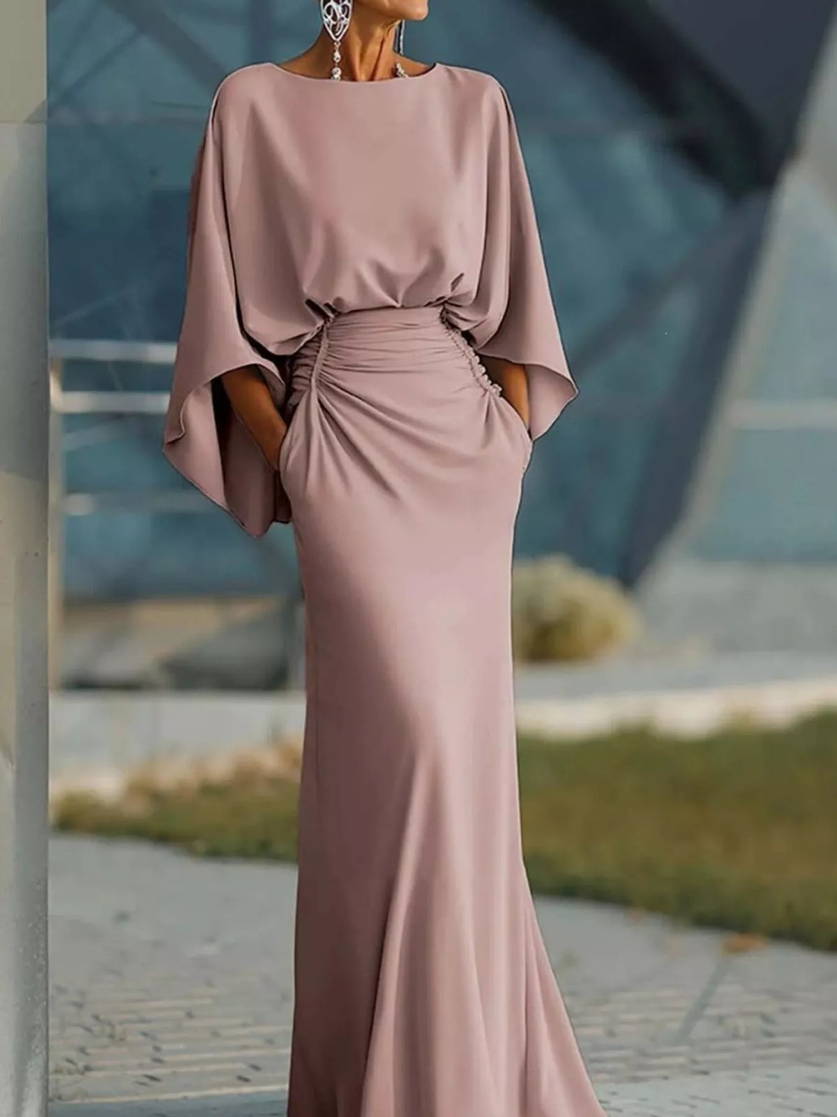 Ruched Batwing Sleeve Maxi Dress