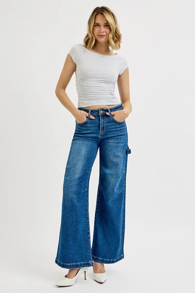 Risen High Rise Wide Leg Jeans with Patch Detail in Dark Wash
