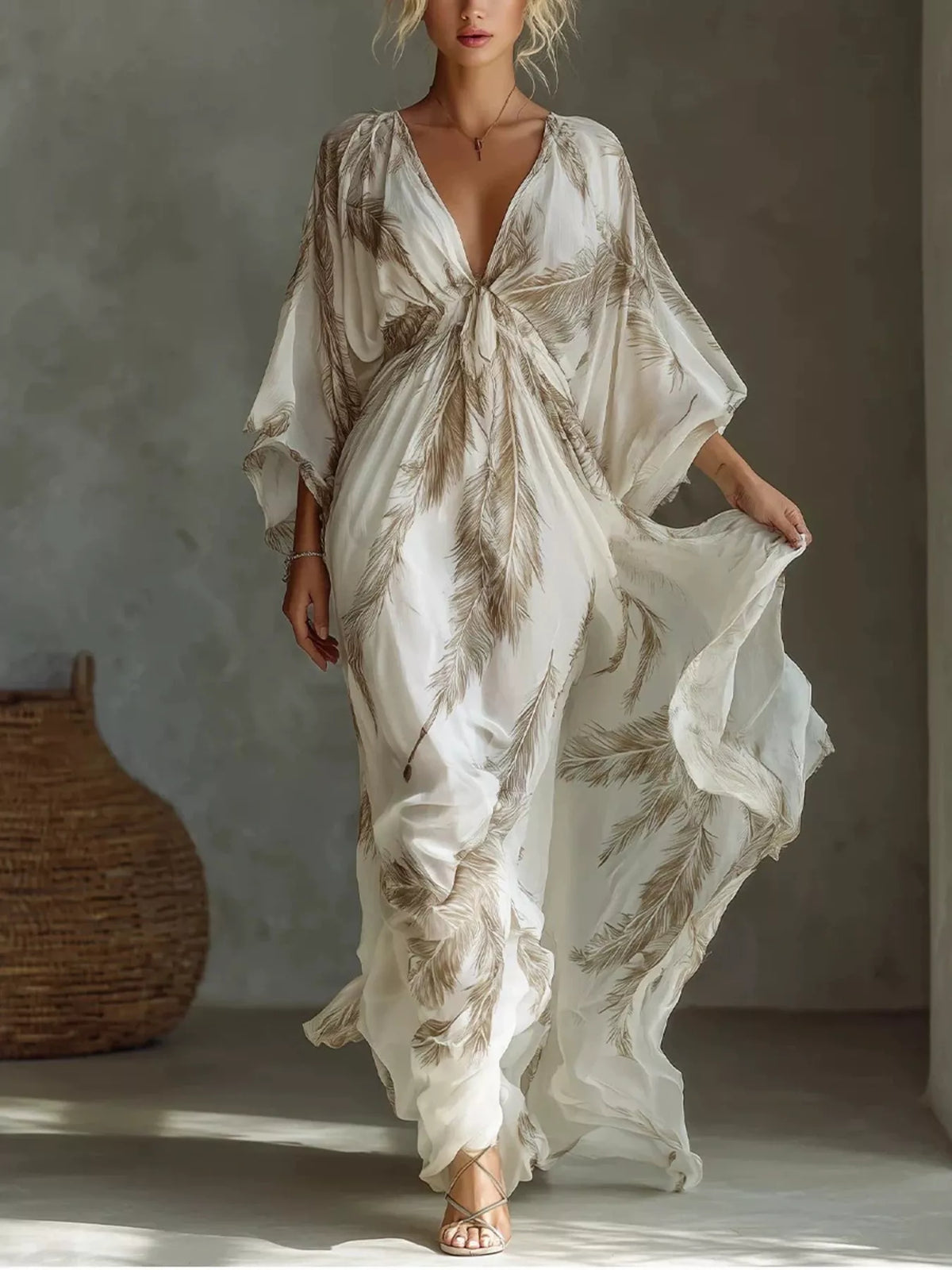 Feather Print V-Neck Flowy Maxi Dress