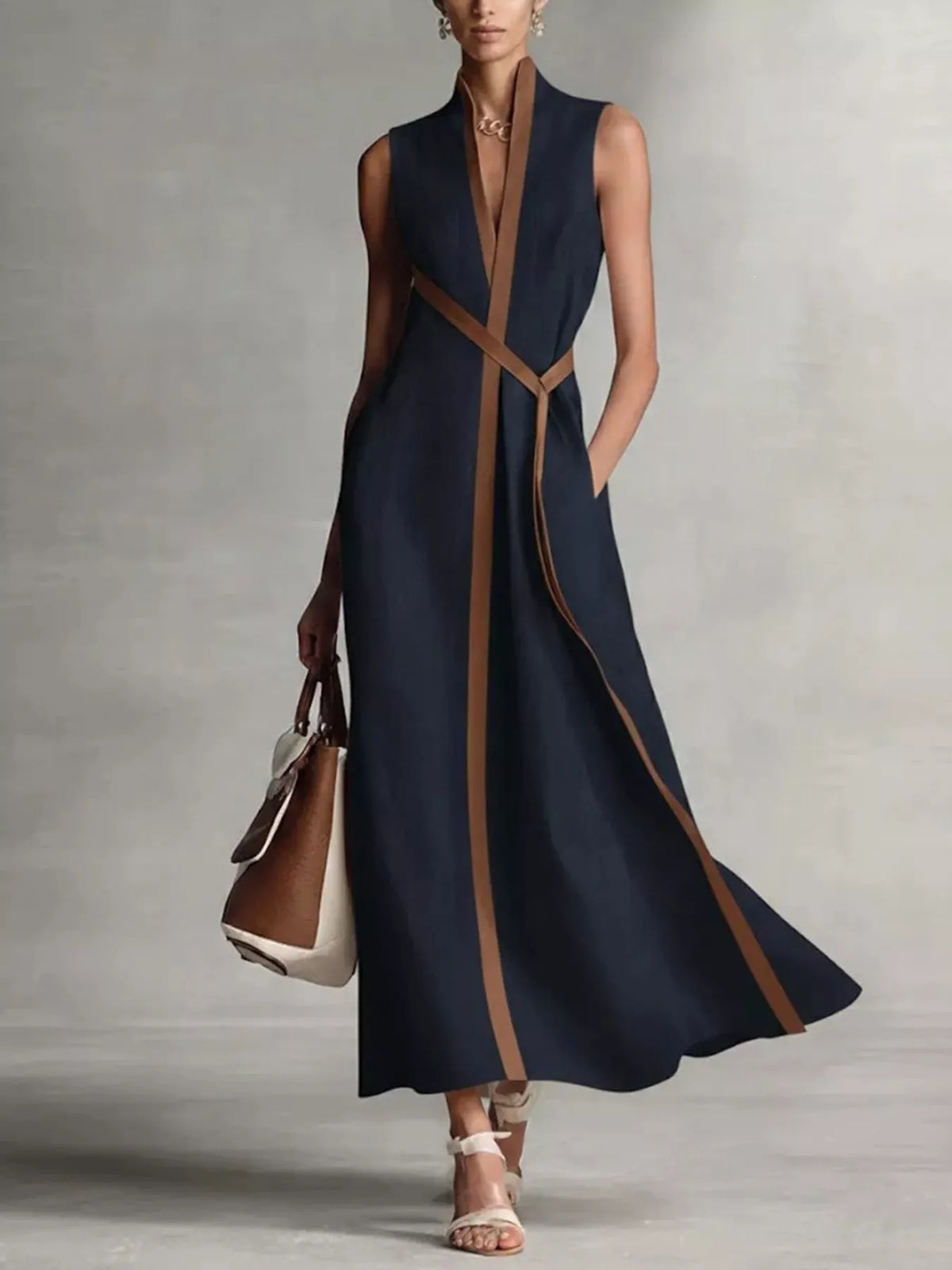 Sleeveless Wrap Maxi Dress with Contrast Trim