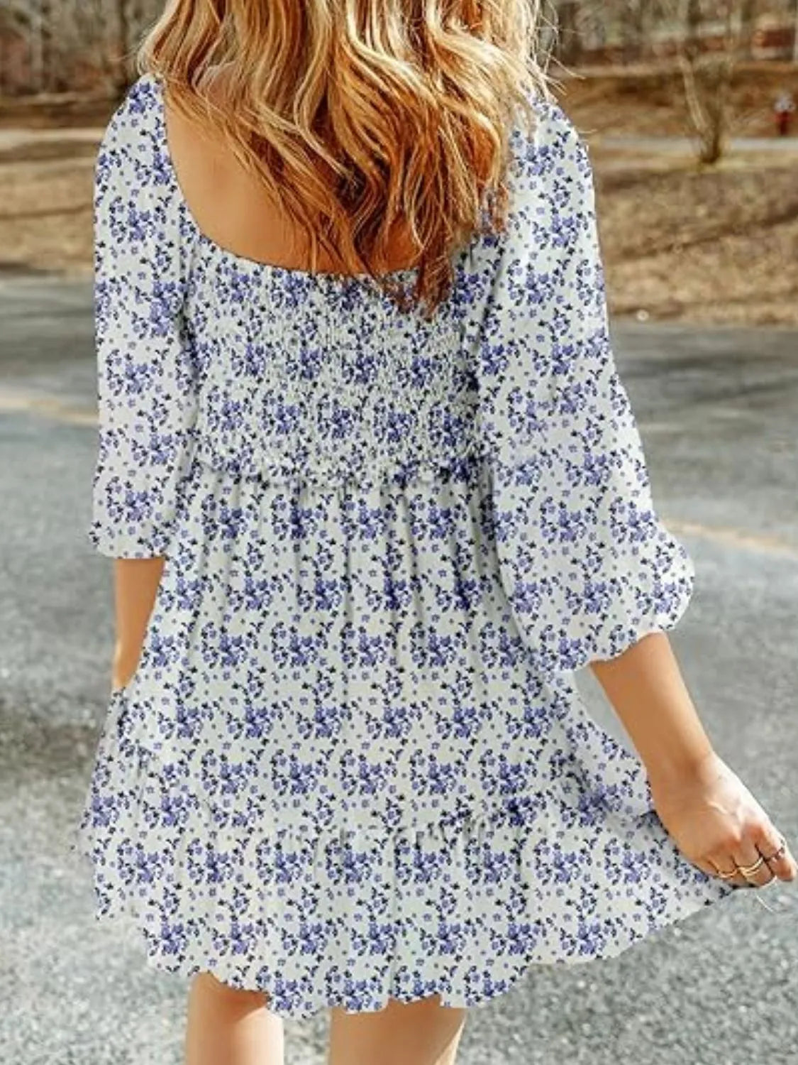 Smocked Floral Square Neck Dress in Apricot