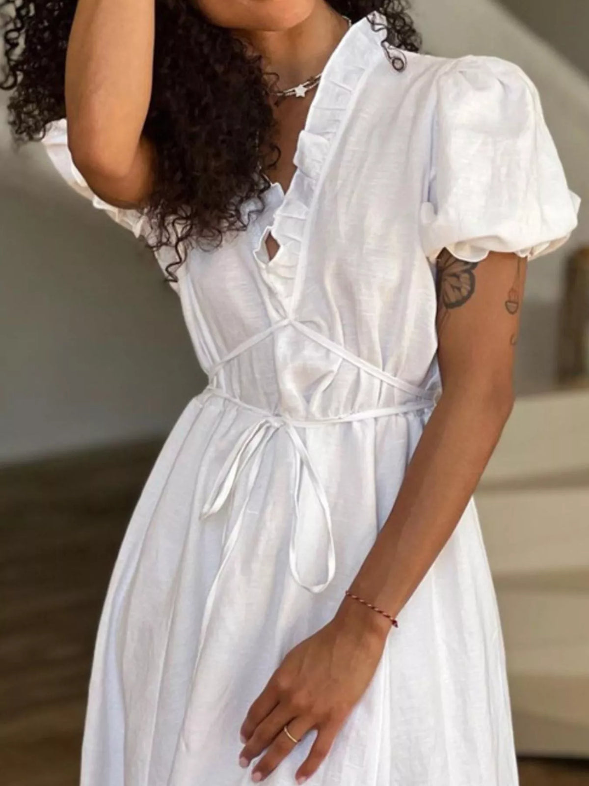 Tie Waist Puff Sleeve Maxi Dress with Frill Detail