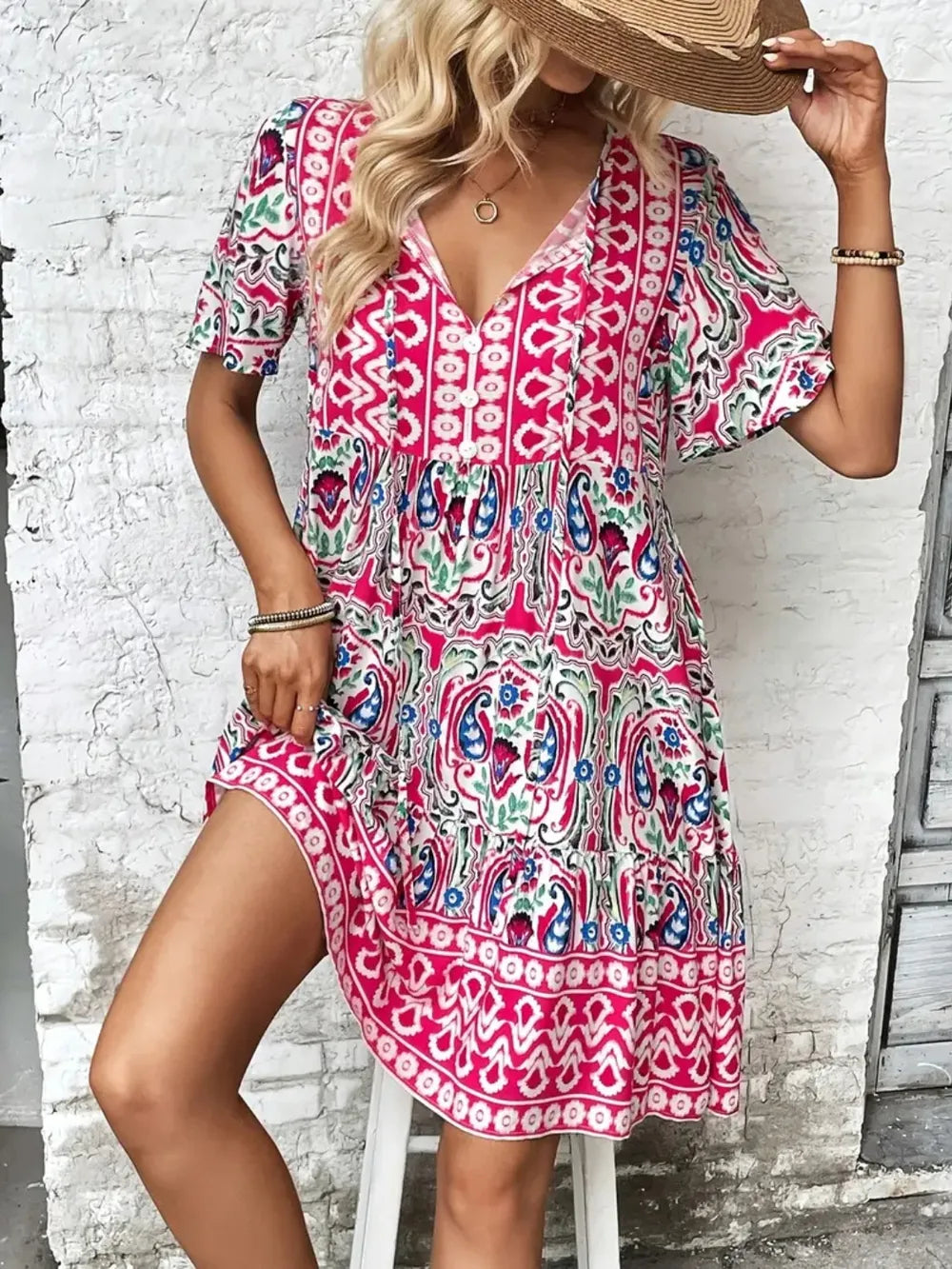 Printed Tie-Neck Short Sleeve Dress