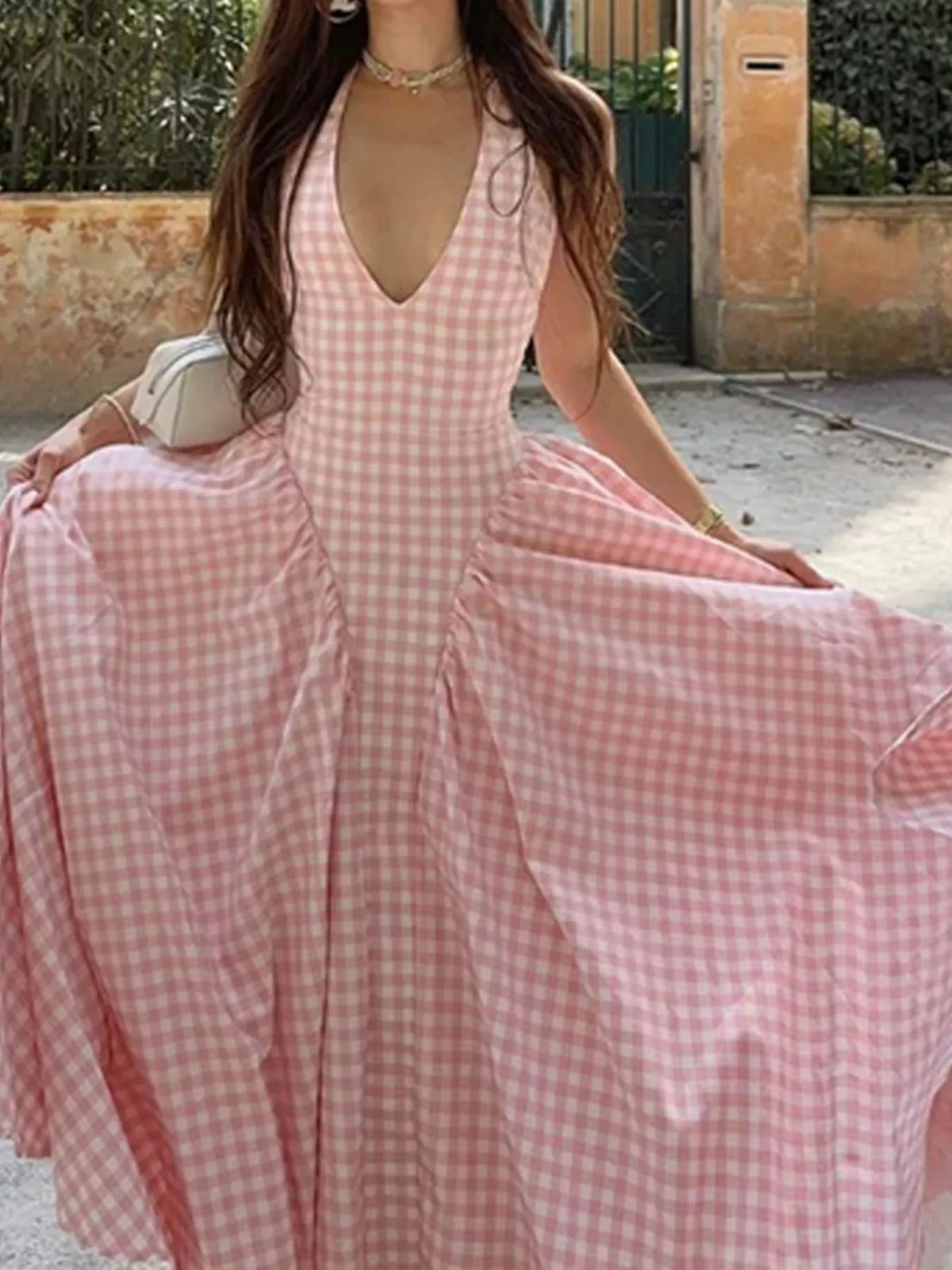 Gingham Halter Neck Maxi Dress in Blush Pink
