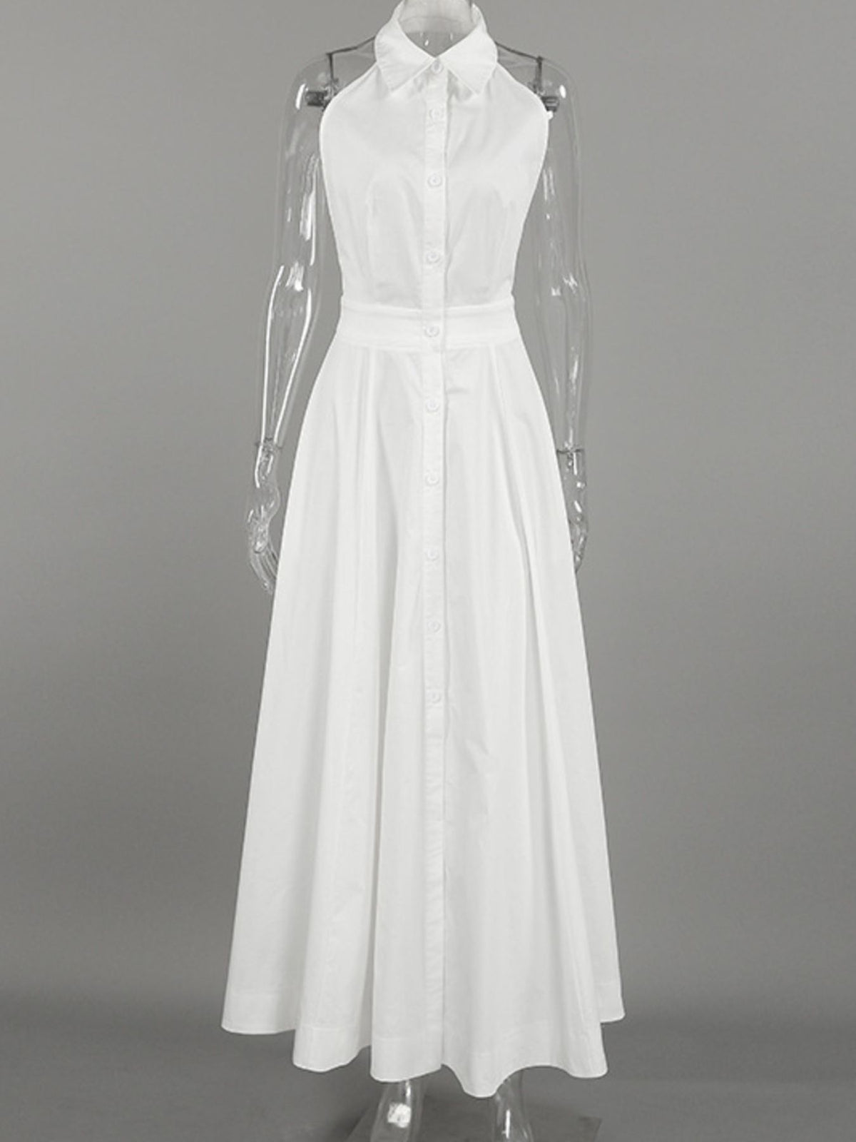 Backless Button Front Maxi Dress in White
