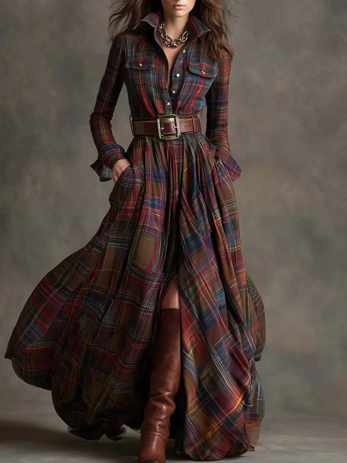 Plaid Long Sleeve Shirt Maxi Dress by Yvette