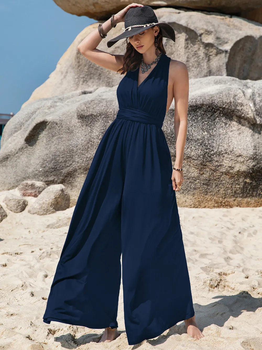Surplice Wide Leg Jumpsuit in Dark Blue