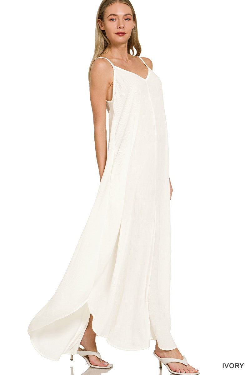 Zenana Woven Crinkle Cami Maxi Dress in Ivory
