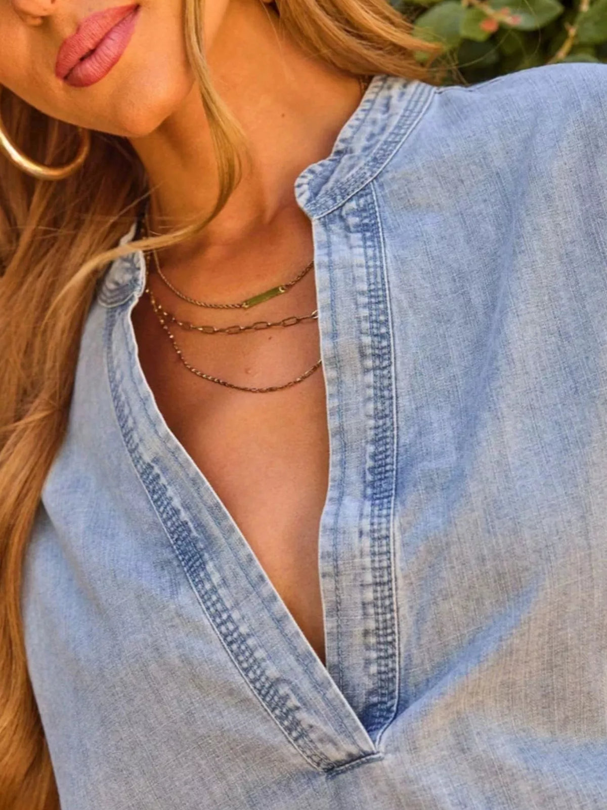 Notched Dropped-Shoulder Denim Top in Blue