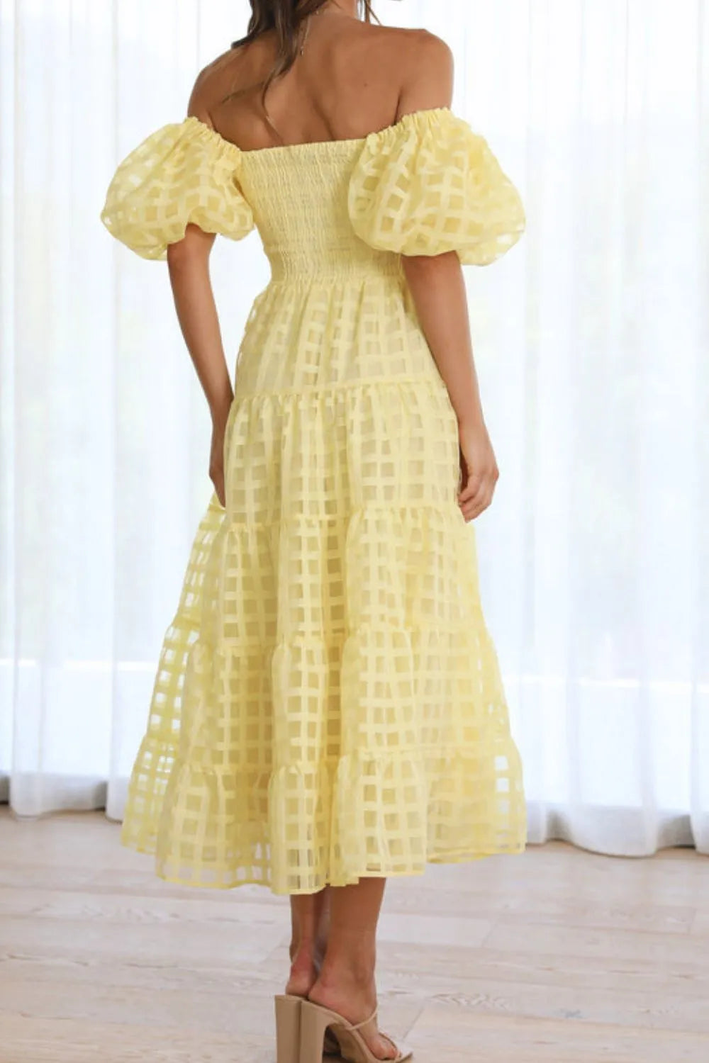 Off Shoulder Puff Sleeve Midi Dress