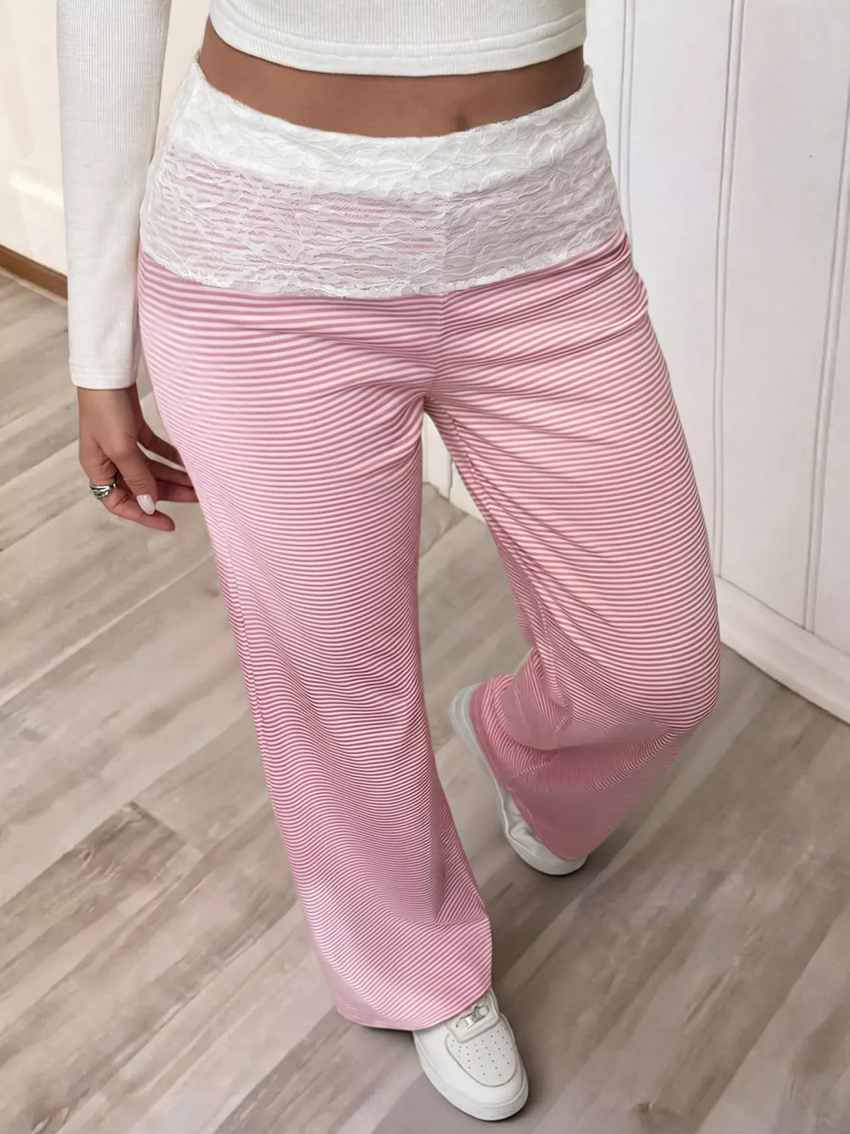Lace Detail Striped Pants in Pink