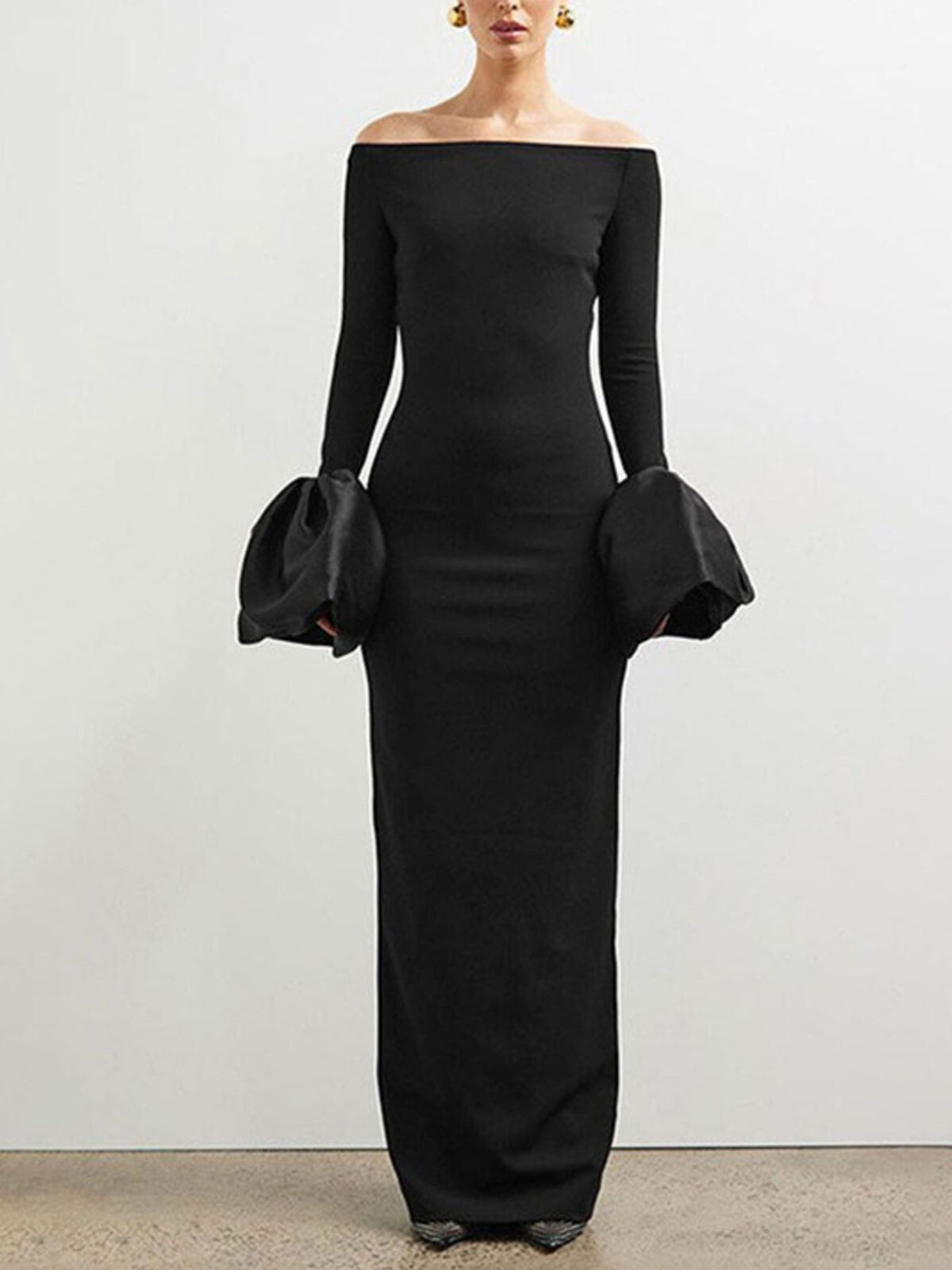 Off-Shoulder Flounce Sleeve Maxi Dress in Black