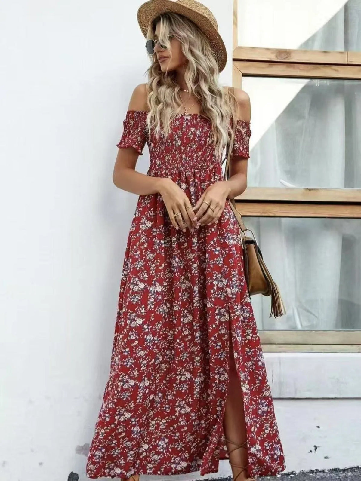 Off-Shoulder Smocked Floral Midi Dress