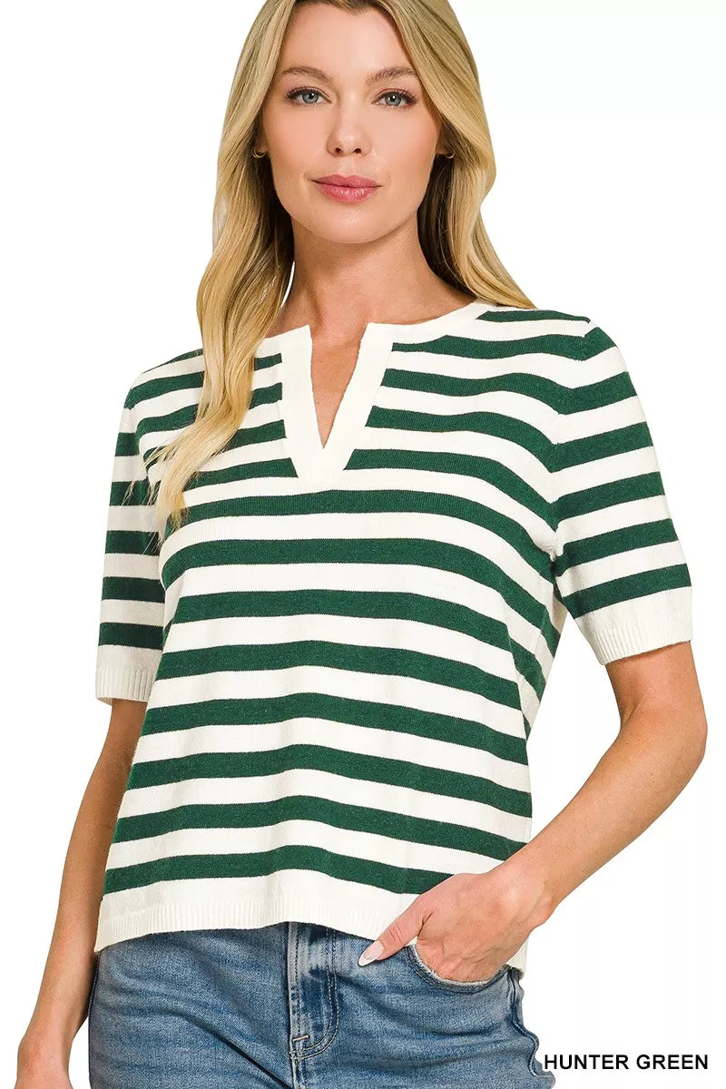 Zenana Split Neck Striped Sweater in Hunter Green