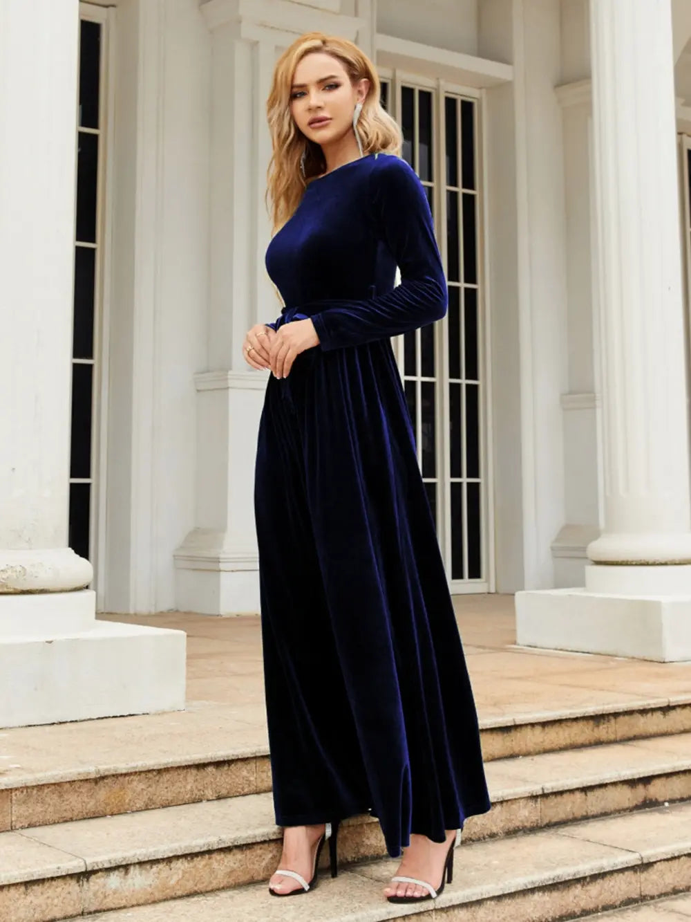 Tie-Front Round-Neck Long-Sleeve Maxi Dress